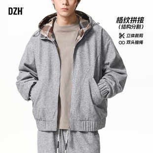 男士灰色美式运动休闲套装男款春季格纹连帽卫衣外套潮流2026新款