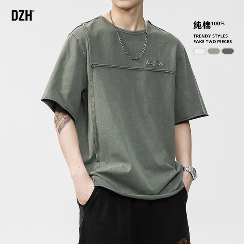 男士休闲纯棉刺绣短袖t恤男2025夏新款上衣美式高街半袖男款潮牌