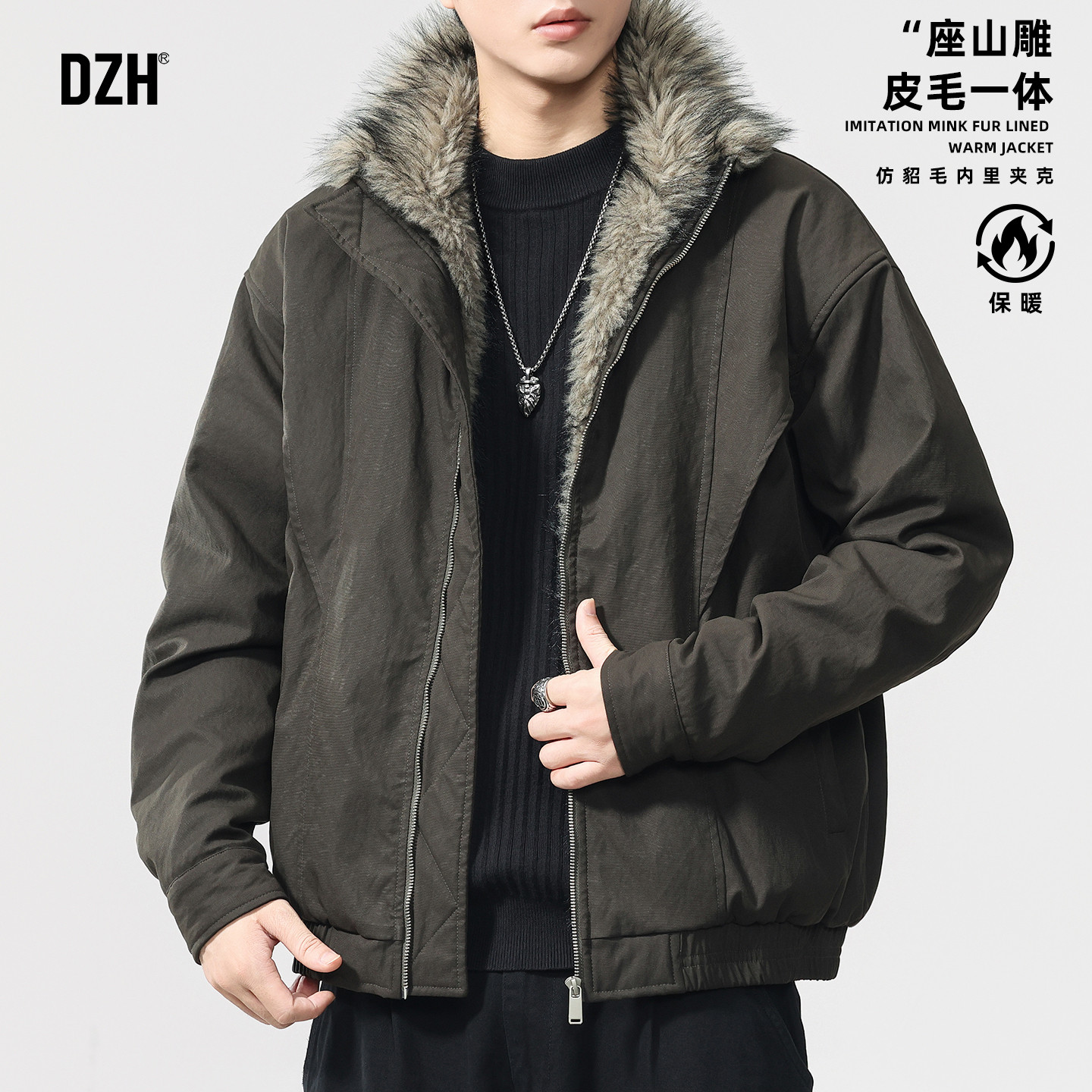 男士皮毛一体座山雕外套男2025新款今年流行爆款防风立领夹克棉衣