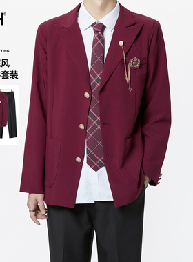 男士红色结婚礼服订婚衣服休闲西装套装男两件套伴郎服dk男生制服