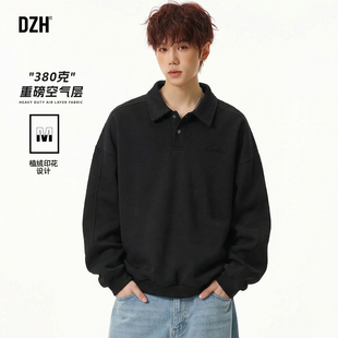 男士Polo领重磅黑色卫衣男款印花2026新款春季长袖翻领上衣男装潮