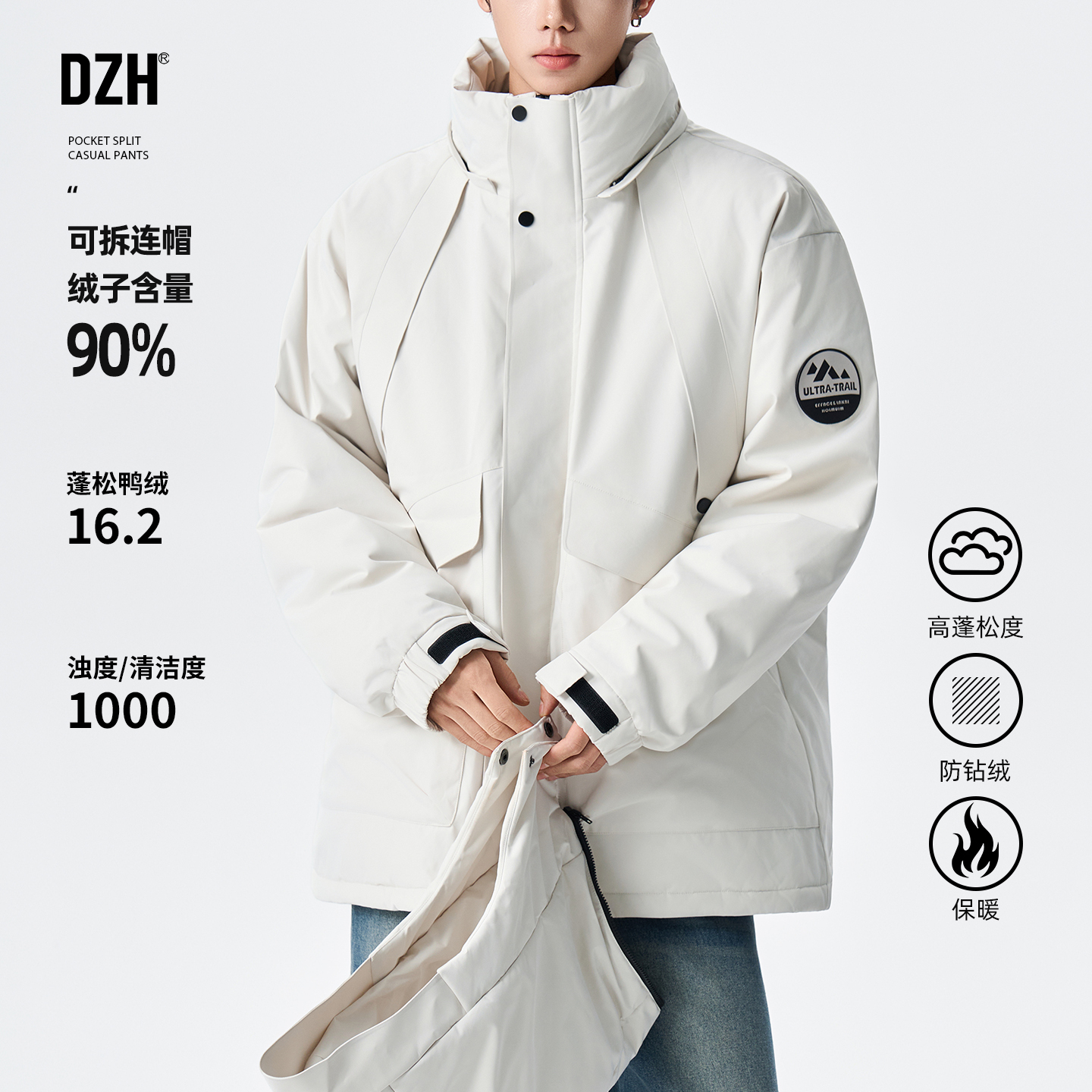 工装可拆卸连帽鸭绒羽绒服美式