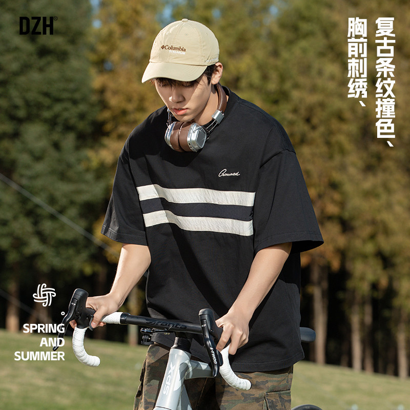 青少年撞色条纹t恤男短袖夏季美式复古上衣2026新款运动圆领体恤