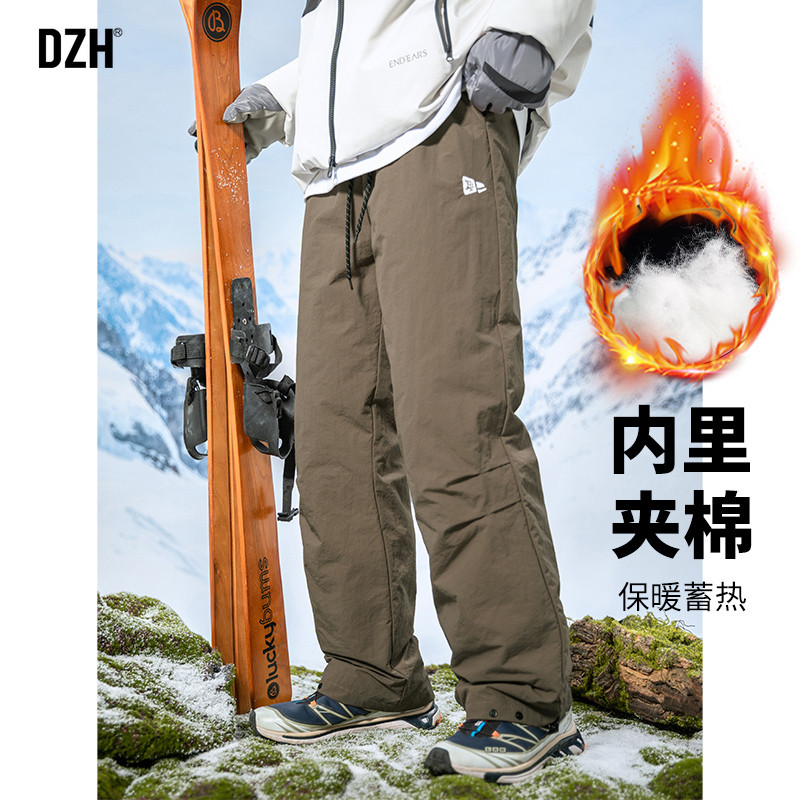 男士冬季夹棉冲锋裤子男直筒宽松2025新款美式工装裤加厚保暖长裤