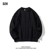 潮 宽松上衣提花毛织针织衫 男生黑色圆领毛衣男冬季 毛线衣加厚新款