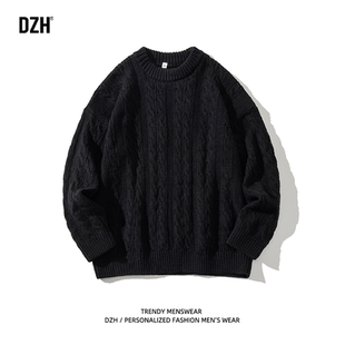 男生黑色圆领毛衣男冬季毛线衣加厚新款宽松上衣提花毛织针织衫潮