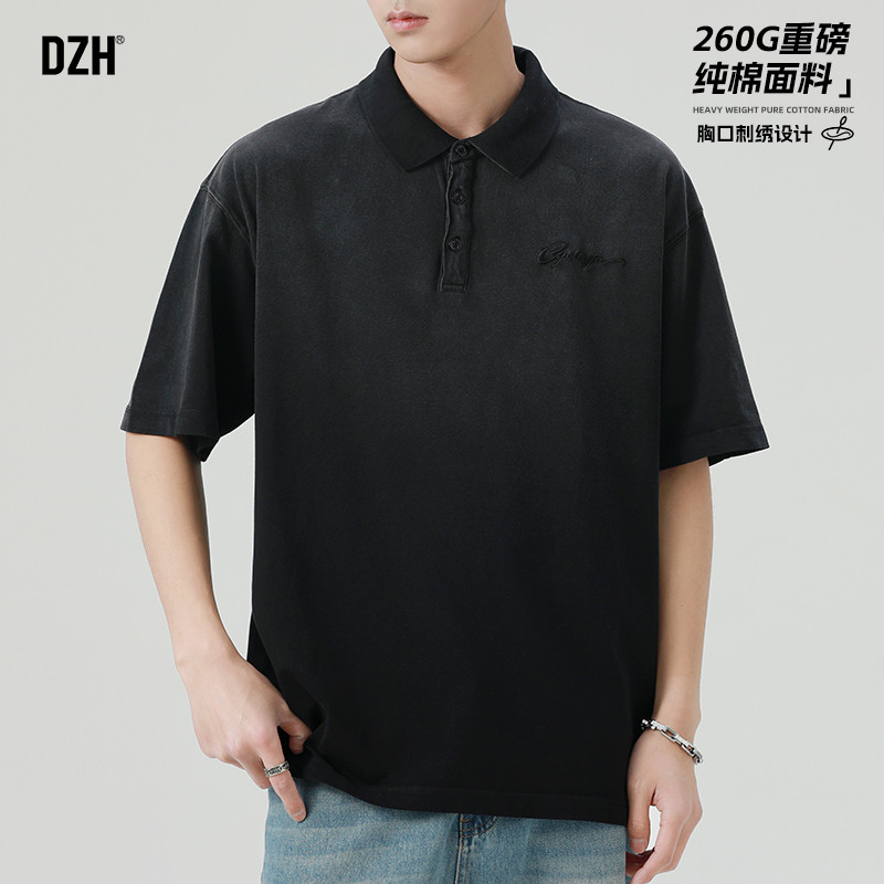 男士黑色重磅纯棉短袖polo衫男夏季刺绣五分袖上衣半袖2026新款潮