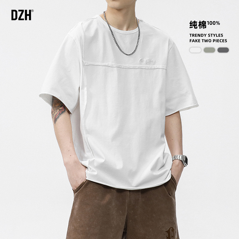 男生白色休闲纯棉t恤男刺绣短袖美式2025夏新款半袖男款圆领上衣