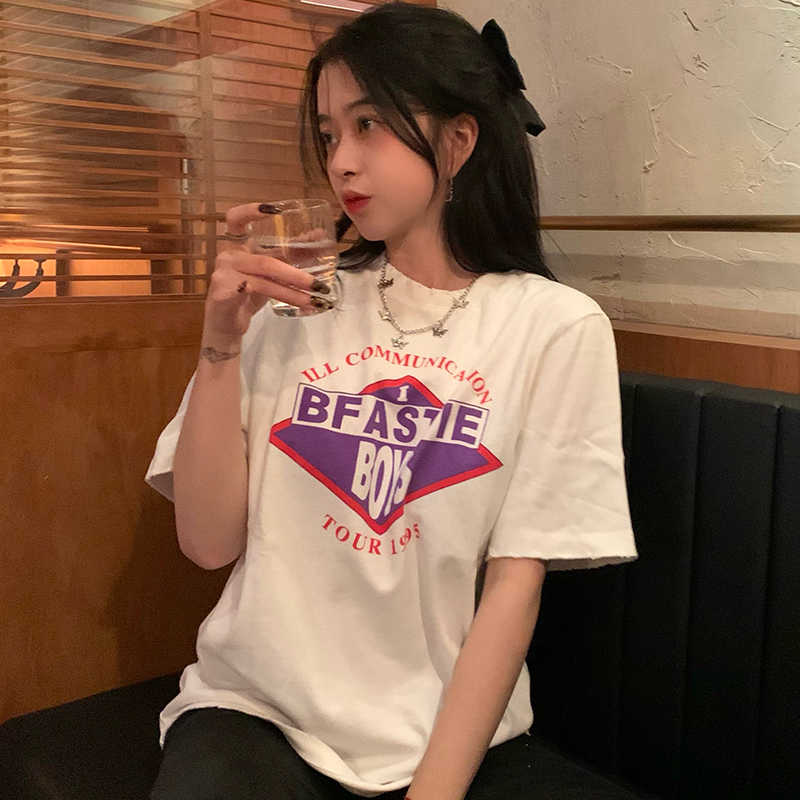 Real cotton new loose letter print short sleeve T-shirt