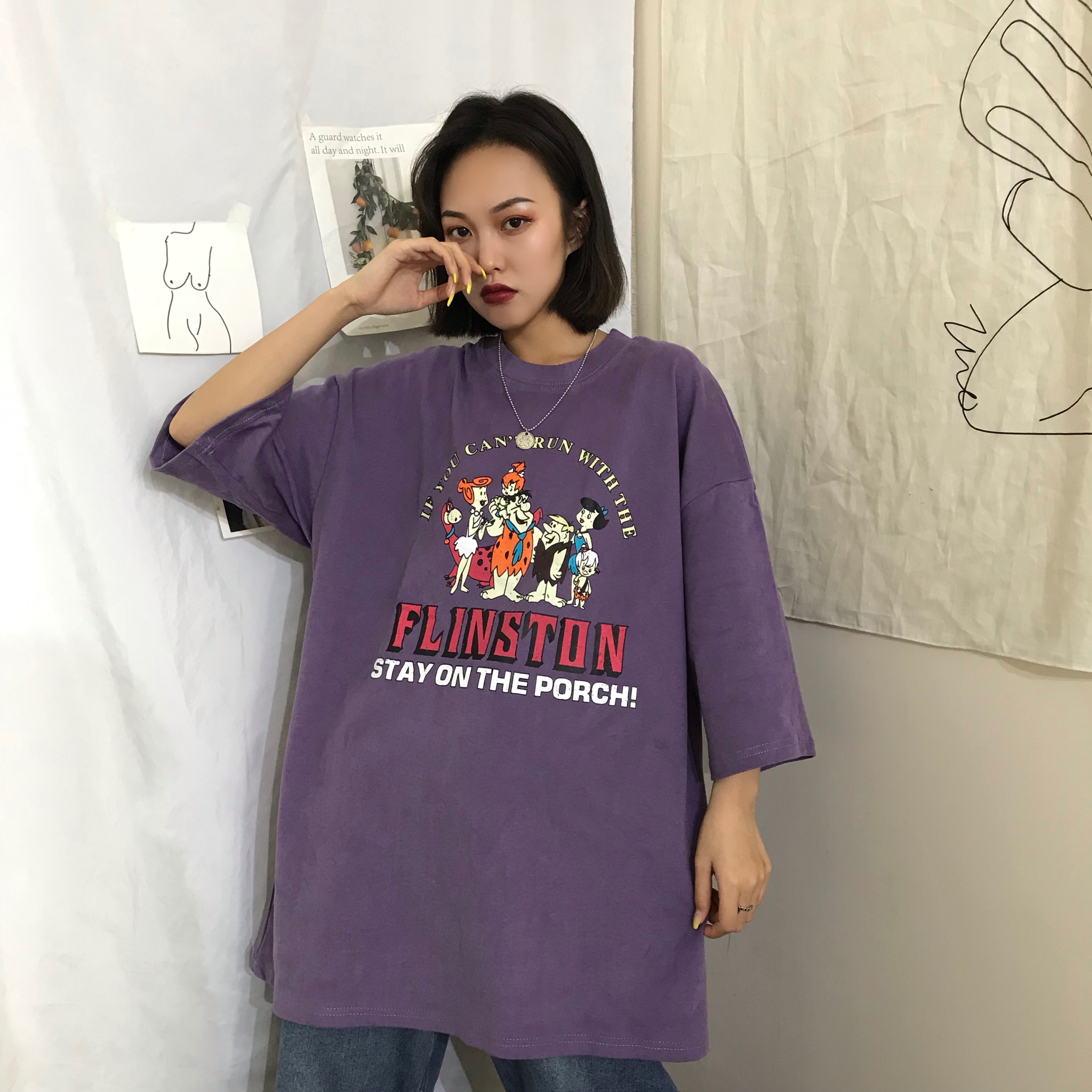 Real Hong Kong style cartoon printed short sleeve T-shirt women's summer Korean loose grey T-shirt fashion