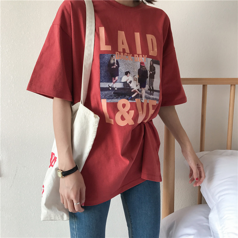 Hong Kong style printing loose medium and long short sleeve T-shirt fashion