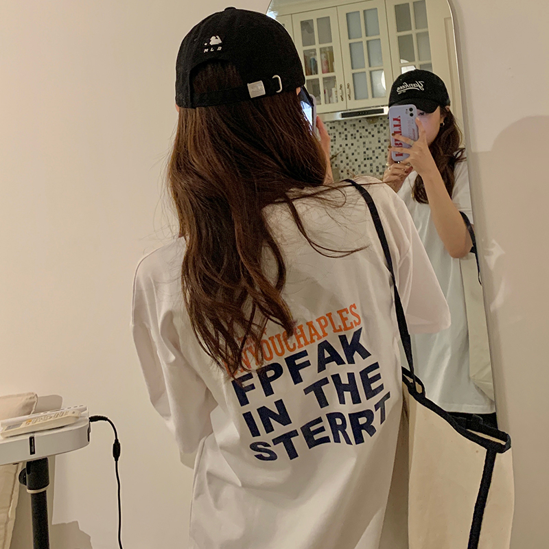 Real cotton new color contrast letter printing loose short sleeve T-shirt