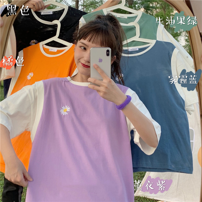 Real shot of Little Daisy short sleeve t-shirt female 2021 summer new Korean students' fake two pieces of best friend clothes