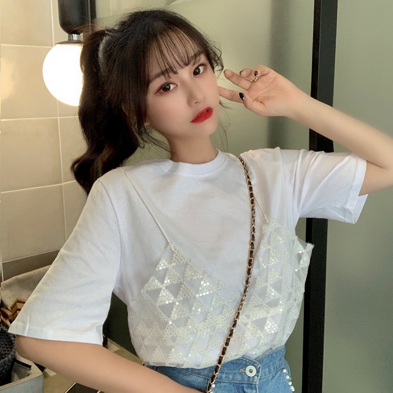 Real screen sequins fake two suspenders short sleeve T-shirt women's fashion Korean version clothes