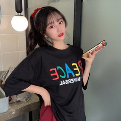 實拍牛奶絲超火cec原宿風短袖T恤女黑色寬鬆上衣