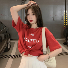 Real shot cotton net red loose Korean letter printed short sleeve T-shirt