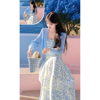 早秋穿搭一整套大码胖mm碎花连衣裙多巴胺甜美减龄海边度假套装女