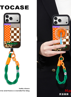 原创【橘调拼贴】磁吸气囊支架适用于苹果17promax壳创意magsafe充电14支撑16长挂绳iphone13格纹15手腕挂绳