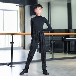 男童拉丁舞服套装黑色长袖练功服儿童训练演出服装加绒黑色高领裤