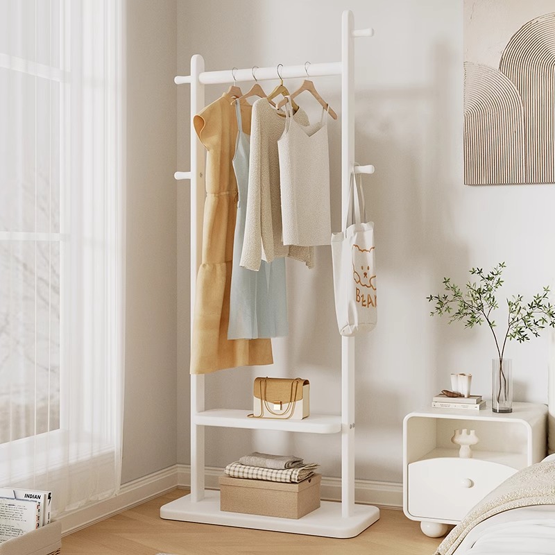 奶油风实木卧室落地式置物挂衣架