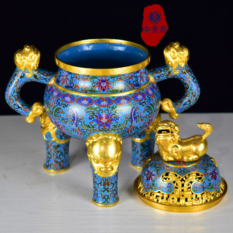 宫廷风非遗景泰蓝三足兽耳熏香炉传统纯手工铜胎掐丝珐琅玄关摆件