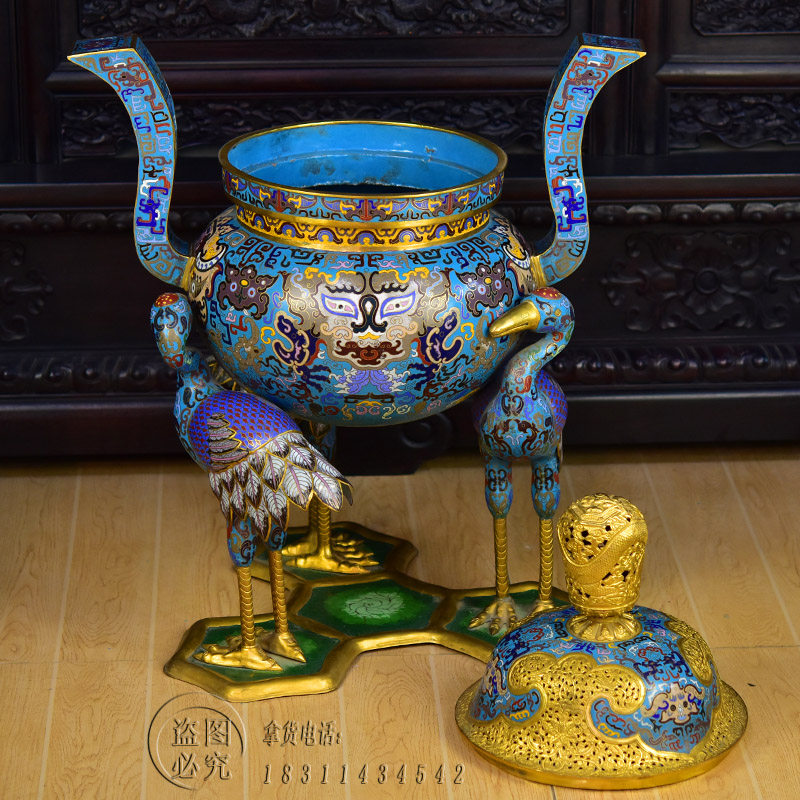 北京景泰蓝大香炉铜胎掐丝珐琅彩铜香炉30寸三鹤足熏香炉落地摆件