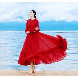 异域风情沙漠长裙青海湖旅游西双版纳红色连衣裙女云南复古红裙夏