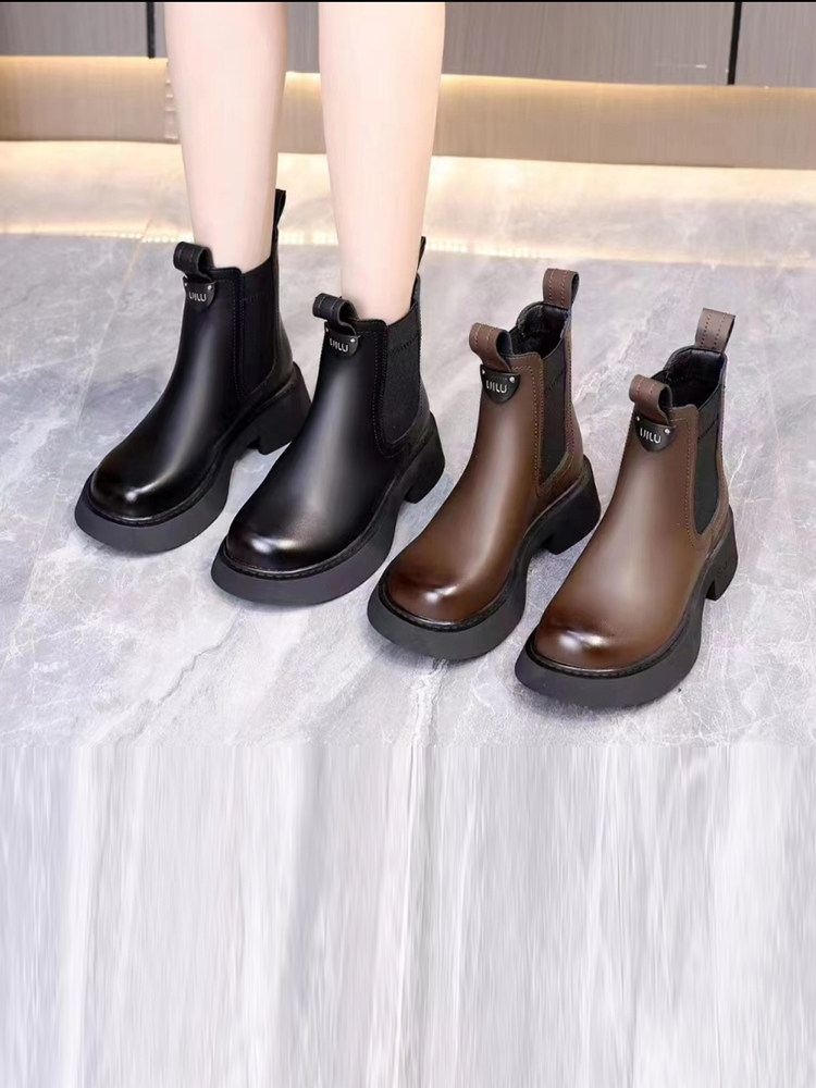 여성을위한 레트로 가죽 짧은 마틴 부츠 2023 겨울 새로운 라운드 발가락 두꺼운 뒤꿈치 플러스 벨벳 슬리브 첼시 굴뚝 부츠