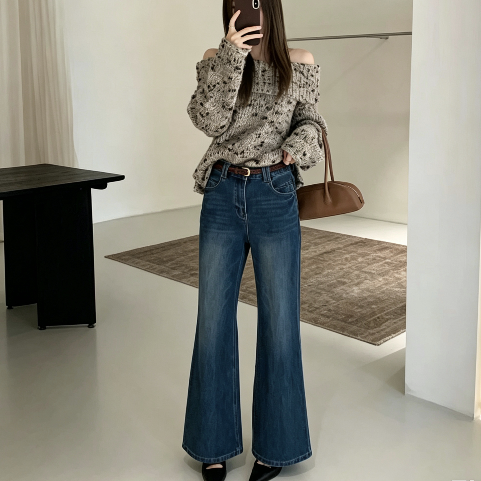 秋季新品高腰微喇牛仔裤女深蓝色牛仔裤