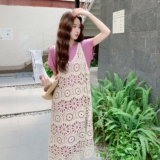 多巴胺绝美粉色连衣裙女2025夏季减龄叠穿蕾丝镂空吊带长裙两件套，女装套装/套裙，2C066