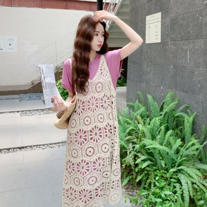 多巴胺绝美粉色连衣裙女2025夏季减龄叠穿蕾丝镂空吊带长裙两件套图片
