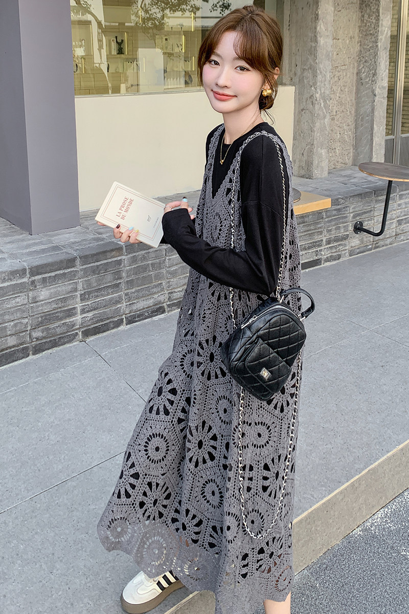 今年流行超好看灰色罩衫连衣裙套装女春秋2025新款休闲风百搭长裙,女装套装/套裙,2C066