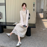 米白色镂空罩衫连衣裙套装女2025秋时尚宽松流行独特卫衣裙两件套，女装套装/套裙，2C066