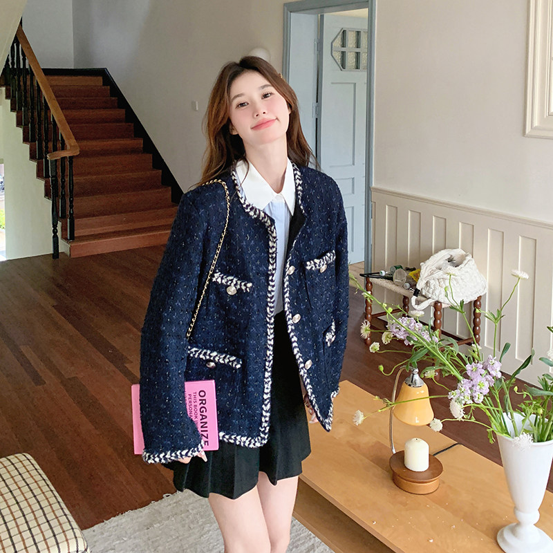 藏青色名媛小香风外套女2025秋季新款韩系复古气质显瘦粗花呢上衣,女装短外套,2C066