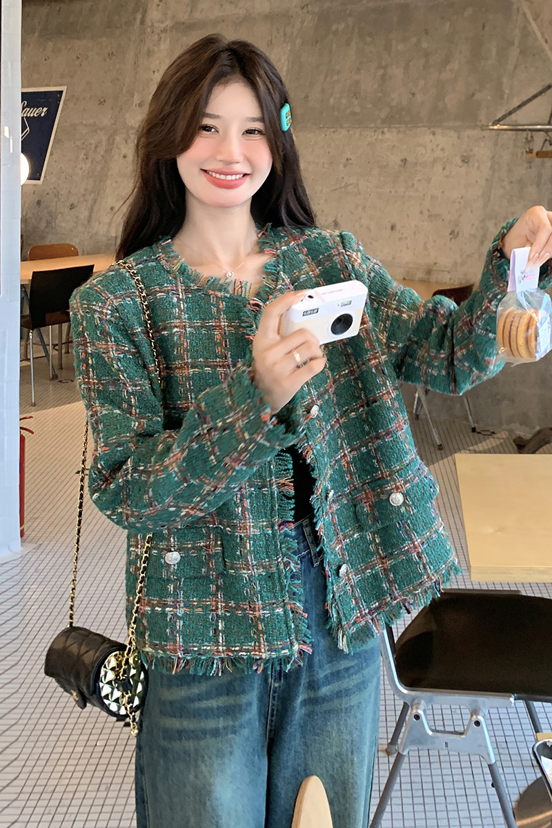 绿色格纹粗花呢小香风外套女秋季2025新款韩版气质显瘦显高短上衣,女装短外套,2C066