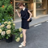高级通勤穿搭藏蓝色无袖衬衫套装女夏2025超火好看短裤减龄两件套，女装套装/套裙，2C066