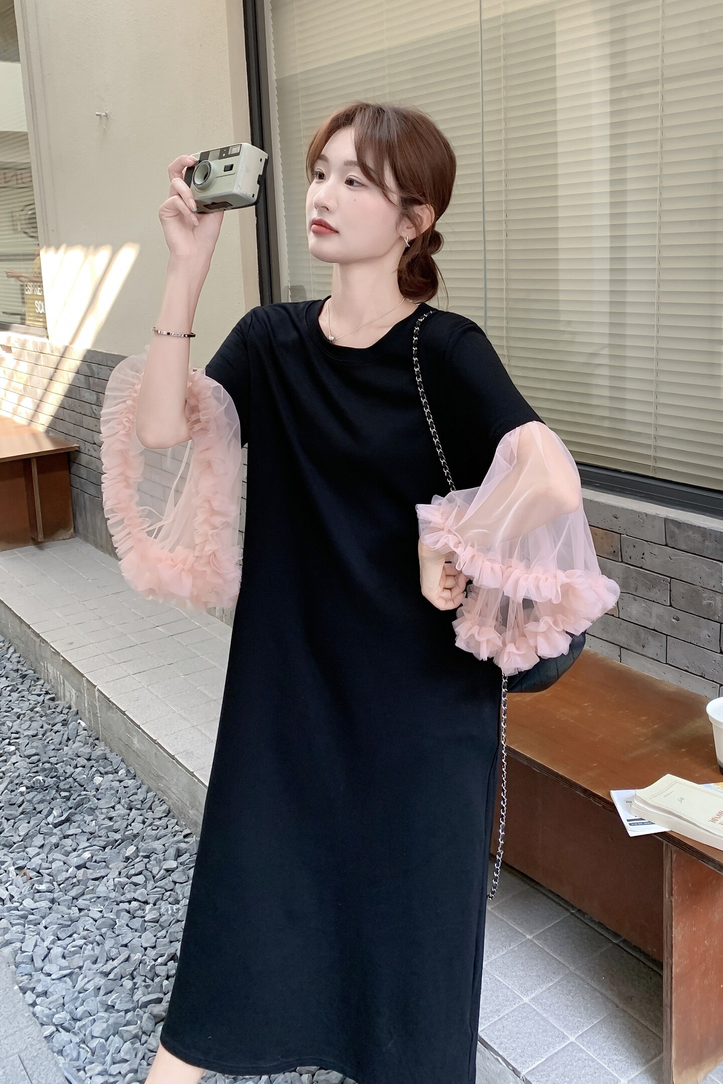 气质复古淡人时髦撞色网纱拼接连衣裙女2025夏季黑色高级感连衣裙,女装连衣裙,2C066