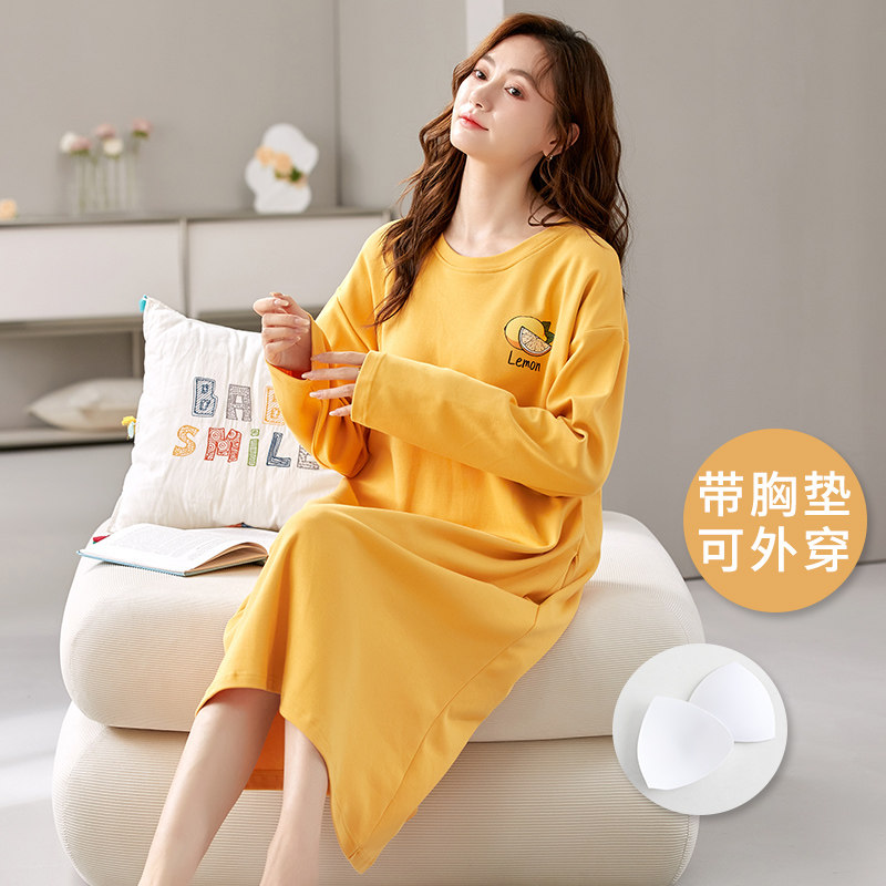 带胸垫长袖睡裙女春秋冬甜美纯棉卡通薄款睡衣秋夏季连衣裙可外穿