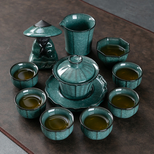 绿冰花功夫茶具套装 家用轻奢中式 冰裂陶瓷三才盖碗茶杯高档礼盒装