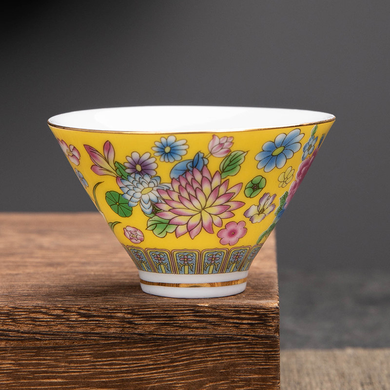 珐琅彩茶杯陶瓷斗笠杯功夫茶具主人杯品茗单杯手工满花茶盏礼盒装