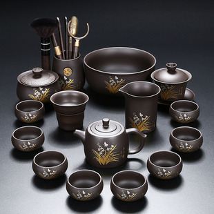 紫砂幽谷兰香功夫茶具套装家用办公室会客喝茶井栏壶茶杯干泡茶盘
