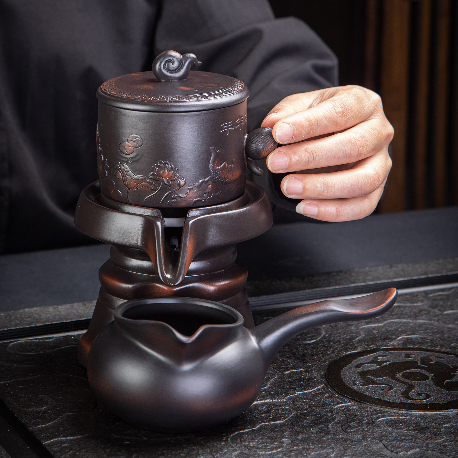 紫陶浮雕石磨泡茶壶旋转出水懒人自动茶具年年有余茶壶一整套高档