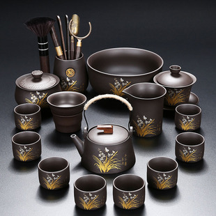 紫砂幽谷兰香功夫茶具套装家用办公室高档一套防烫中式提梁壶茶杯