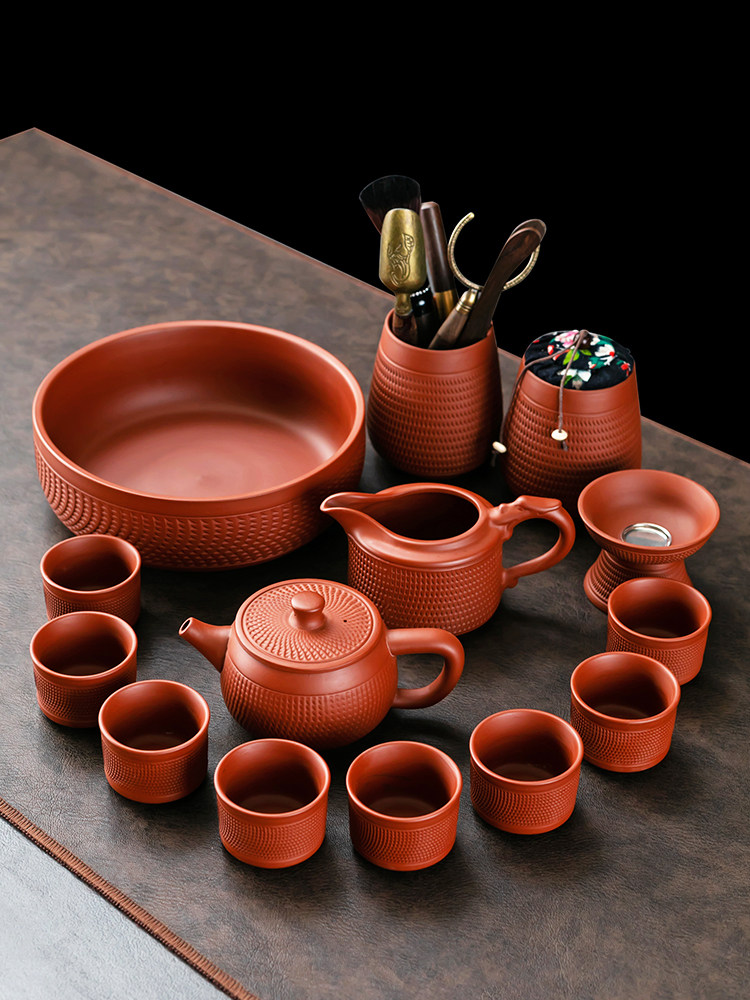 朱泥跳刀功夫茶具套装家用新款紫砂盖碗茶壶茶杯泡茶专用茶具整套