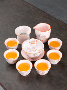 陶瓷泡茶三才盖碗茶杯女士用精致整套泡茶具 粉色汝窑功夫茶具套装