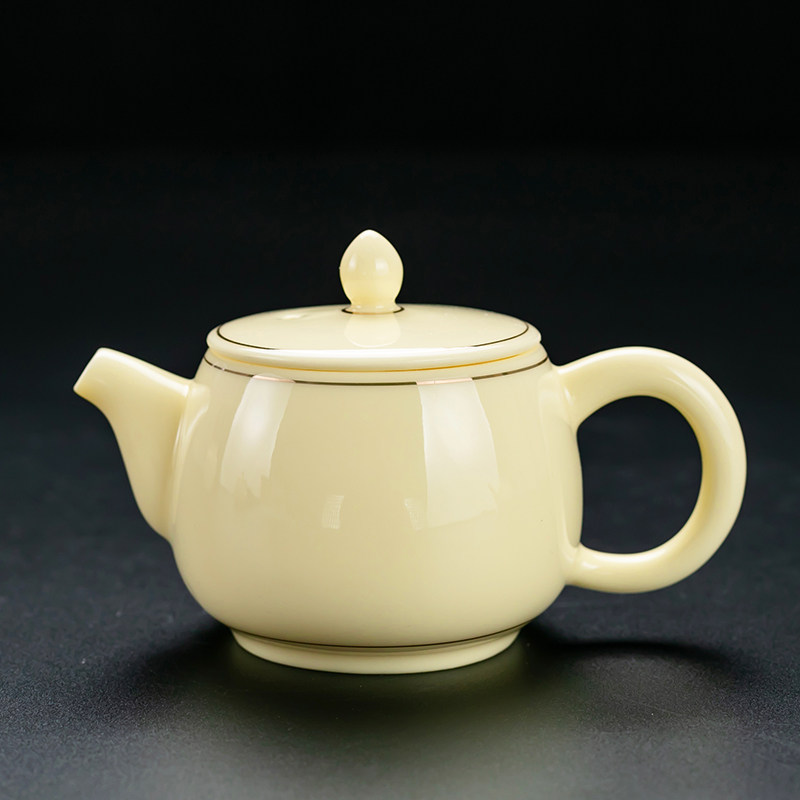 描金宝石黄井栏壶泡茶家用功夫茶壶大容量纯色陶瓷壶带过滤泡茶壶
