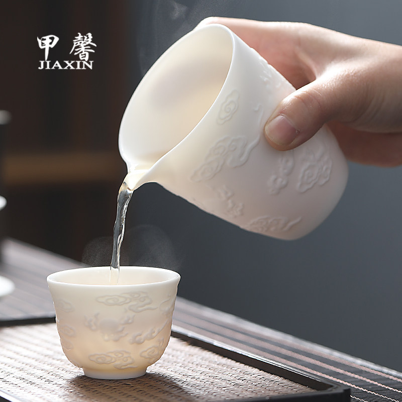 德化素烧白瓷功夫茶具套装家用整套浮雕龙盖碗泡茶器高档礼盒送礼