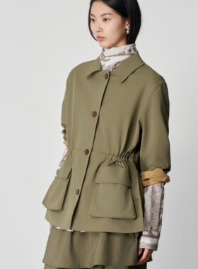 PIECE MIND双面色织挺阔浅驼色抽绳侧开叉休闲外套