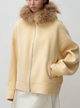 PIECE MIND秋冬连帽羊毛呢宽松休闲貉子毛外套
