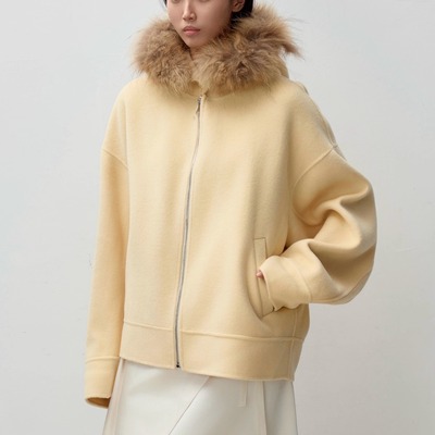 PIECE MIND秋冬连帽羊毛呢宽松休闲貉子毛外套